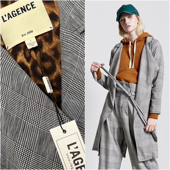 NWT L’AGENCE Linen Houndstooth Plaid Double Breasted Tie Waist Trench Coat 2 - Picture 5 of 6